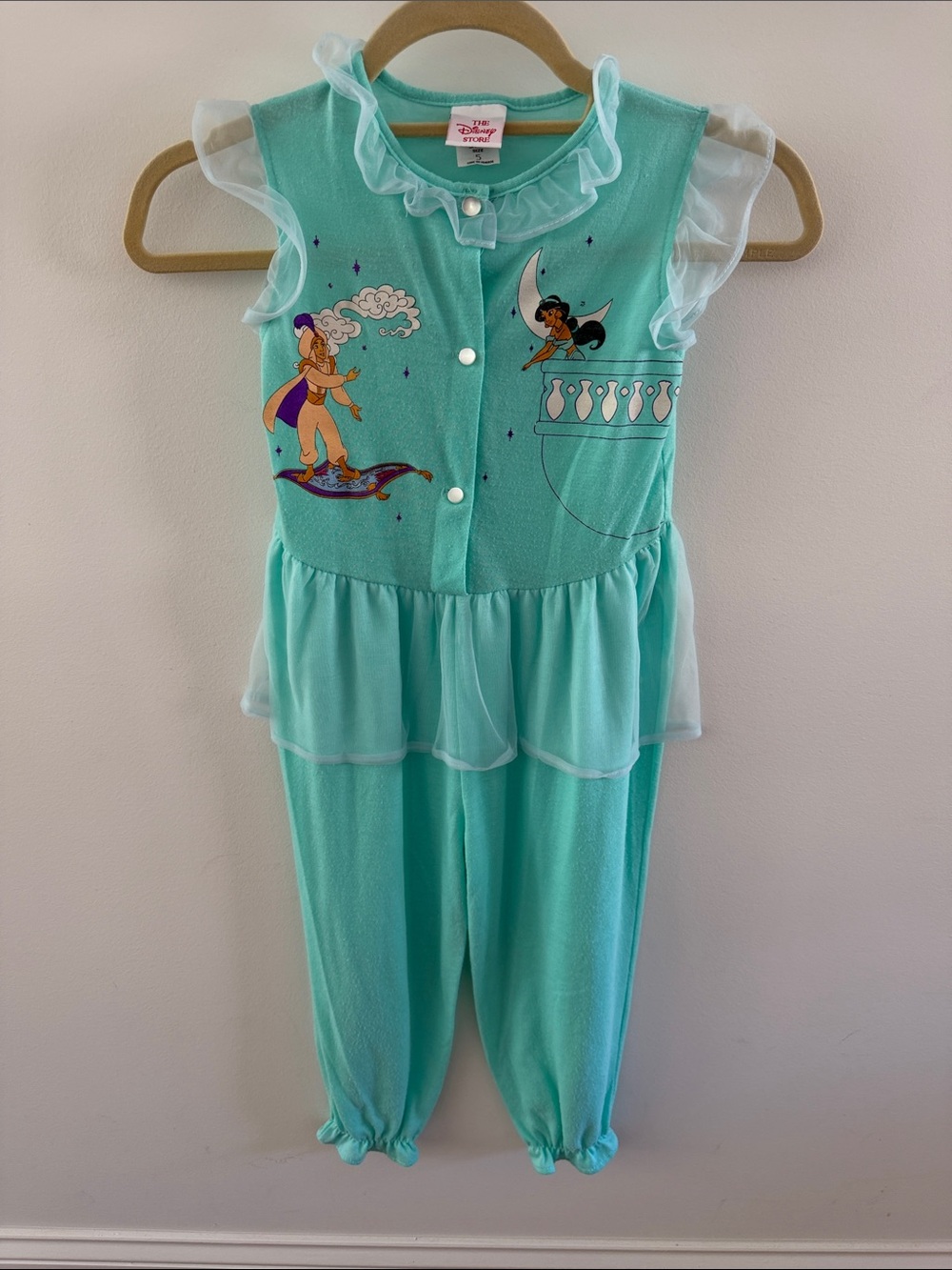 Disney Princess Jasmine Mint Green Girls Jumpsuit Costume Aladdin Sheer Ruffle
